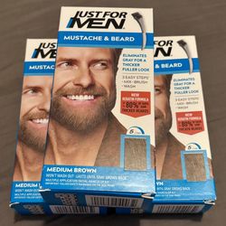 3 Pack - Just For Men Mustache & Beard, Beard Coloring for Gray Hair with Brush, With Keratin (M-35), Medium Brown