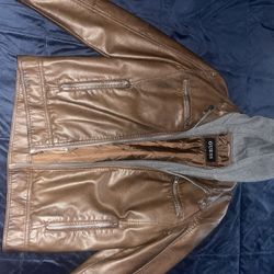 Brand New Mens GUESS Brown Faux-Leather Jacket With Detachable Hood