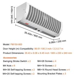 36" Industrial Air Door Blower, Dual-Speed 1200CFM, for Indoor Entryways, Includes Robust Limit Switch, Wall Mount Design, 110V Non-Heated, Simplified