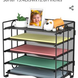 Letter Tray Paper Organizer, 5 Tier Desk Organizers Black Mesh Stackable Paper File Holder for Home Office, Document Shelves and Sorter 13.4Lx9Wx12.6H