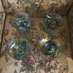 4 Hand Blown Mexican Confetti Margarita Glasses