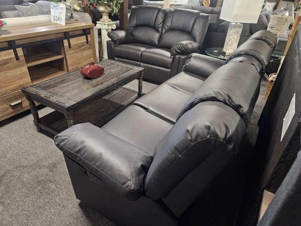 Brand New Black Bonded Leather Manual Reclining Sofa + Loveseat 2PCs Set