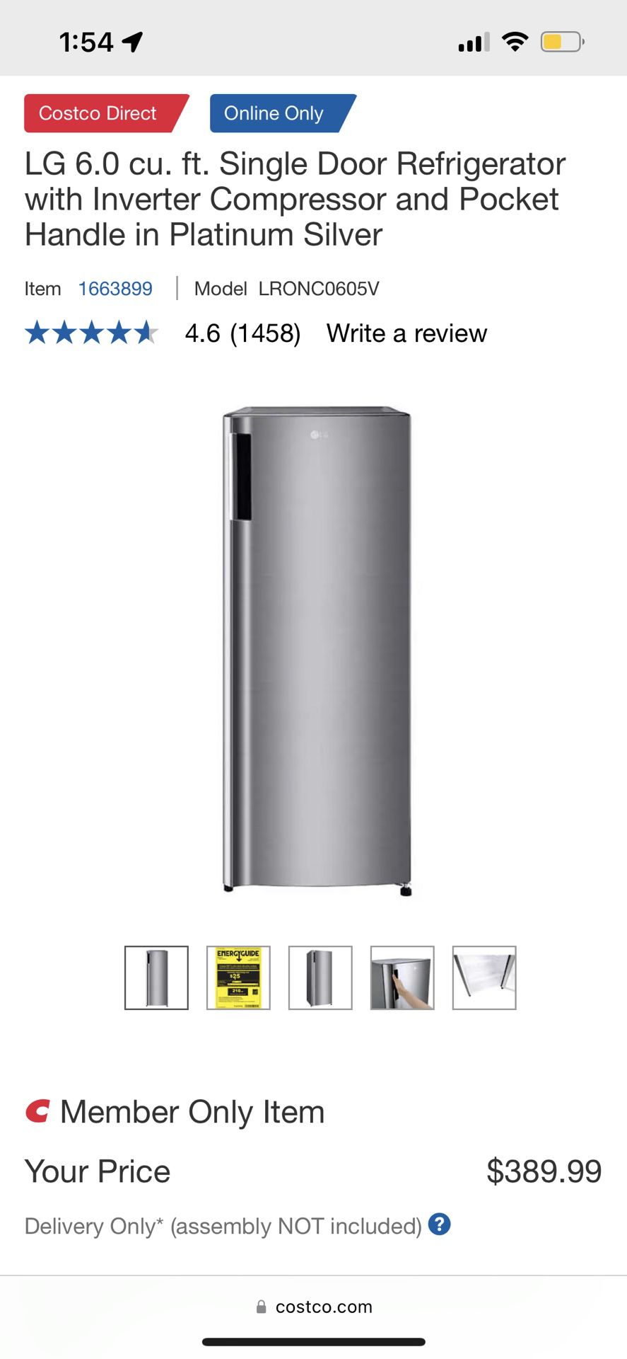 LG 6.0 cu. ft. Single Door Refrigerator with Inverter Compressor and Pocket Handle in Platinum Silver