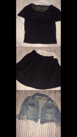 Full outfit, size xs shirt & size s jean jacket & skater skirt