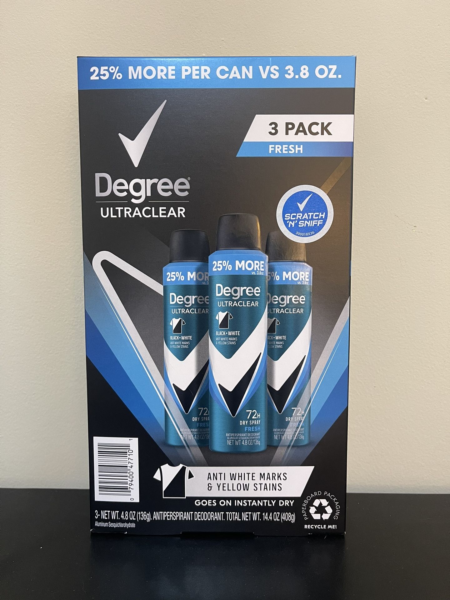 3 Pk Degree Ultra clear Deodorant Spray 4.8 oz Each Fresh Scent Anti White Stain