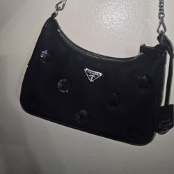 Prada Re-Edition 2005 Black Nylon Shoulder Bag with Sequins & Chain Strap

