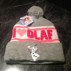 Disney's Frozen I ❤️ Olaf, Embroidered Gray,White,Pink & Red Knit Beanie With Pom Pom Brand New With Tags
