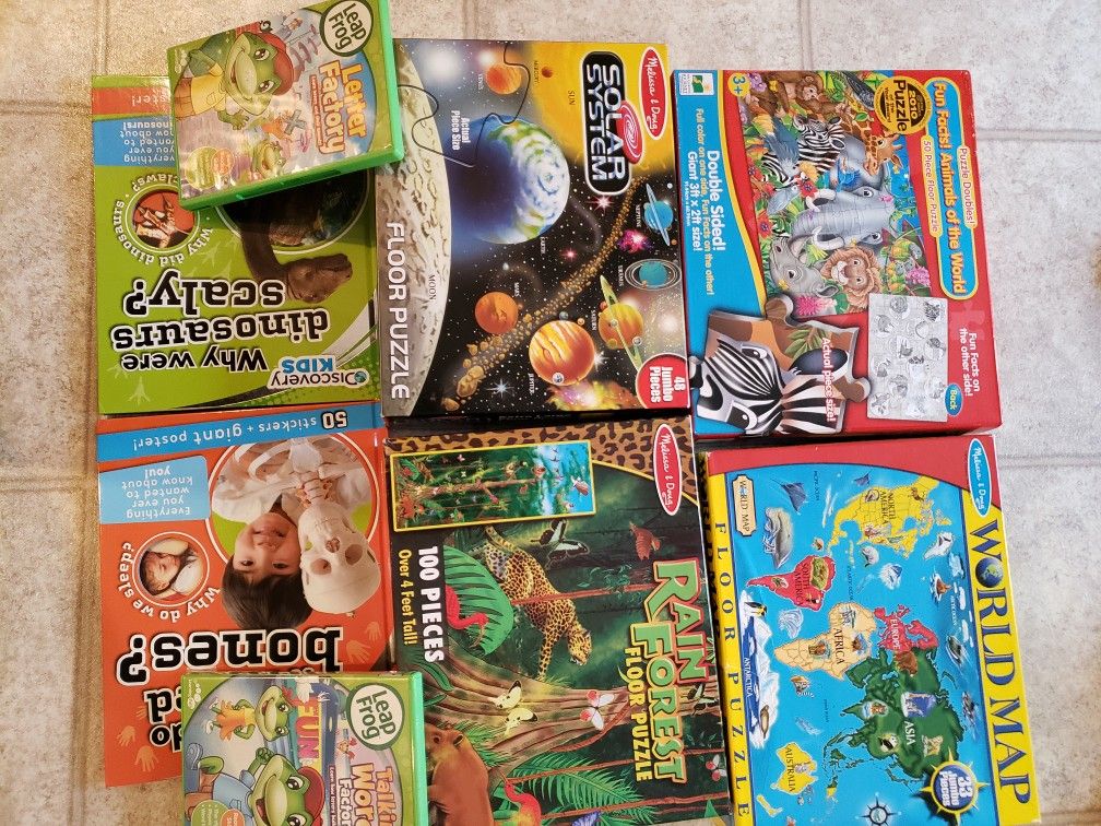 4 Melissa & Doug Puzzles, 2 Books and 2 Leap Frog Dvds