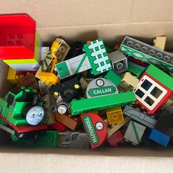Large box of Duplo blocks and Thomas toys
