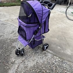 3 Wheel Pet Stroller, Lightweight Foldable w/Storage Basket and Cup Holder Purple 