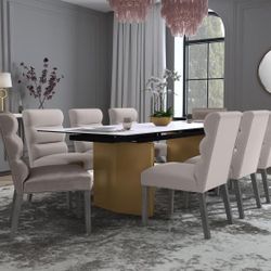 New Vesa 97 Inch Glass Top Extension Dinning Table Beige With 8 Chairs