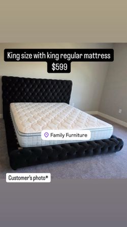 Queen or king velvet black platform bed with mattress