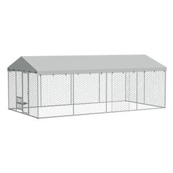 20x10 FT Large Outdoor Dog Kennel with Canopy, Heavy Duty Galvanized Steel Frame, Waterproof Cover, Built-in Elevated Feeding Bowls, Escape-Proof Lock