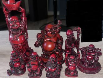 MIX LOT BUNDLE DEAL OF 8 VINTAGE RED RESIN LAUGHING BUDDHA(BUDAI) AND FENG SHUI LUCKY FIGURINES