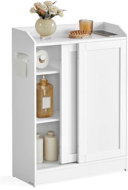 Bathroom Storage Cabinet, Sliding Doors, Cloud White Adjustable Shelves，Toilet Paper Holder, Brush Compartment, 23.6 x 7.9 x 31.5 Inches, SIREN Collec