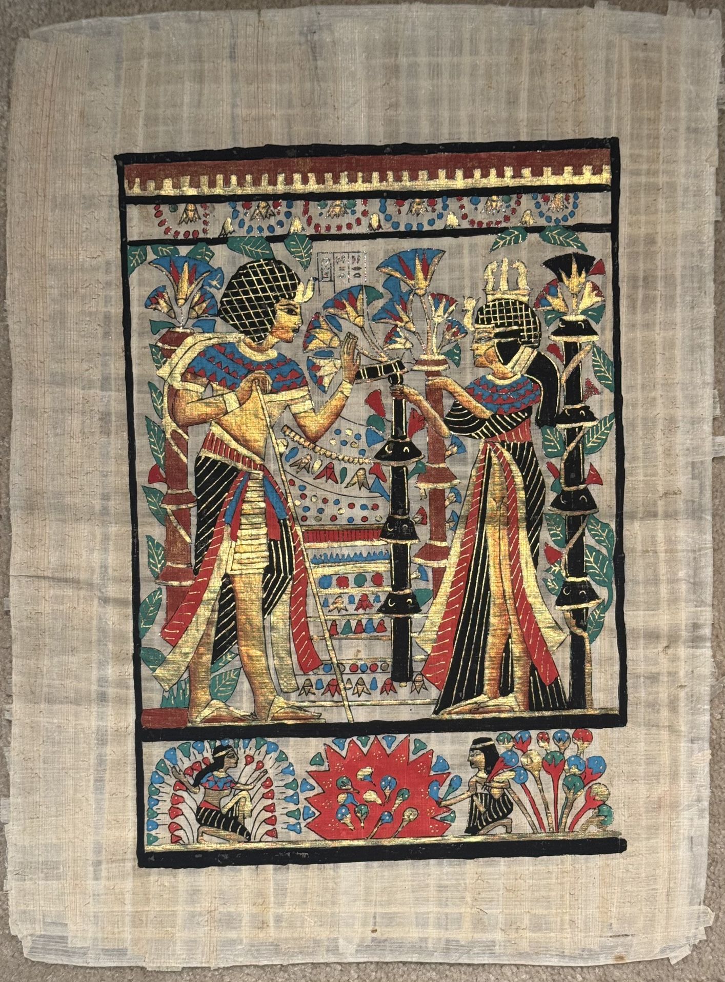 Vintage Egyptian Papyrus Painting Hand Painted Pharaoh Hieroglyphic Wall Art