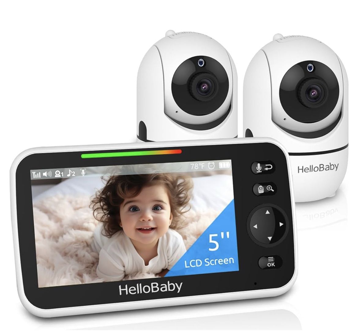 Hellobaby 5’’ Baby Monitor with 26-Hour Battery, 2 Cameras Pan-Tilt-Zoom, 1000Ft