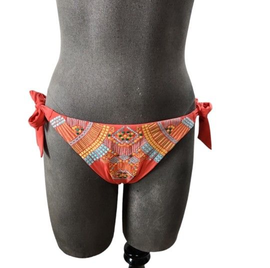 Nanette Lepore Embroidered Front Tie Side Bikini Bottom Size Small 