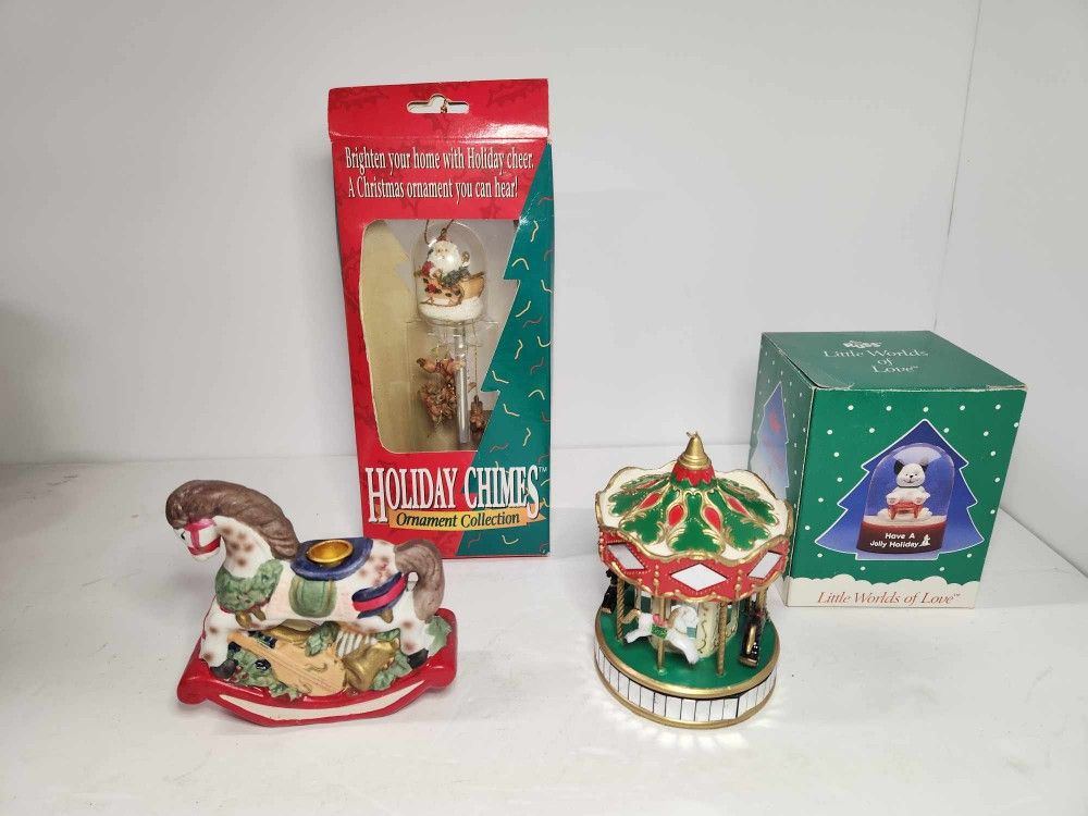 Lot of Vintage Christmas Items Ornament, Chimes, Candle Holder Horse, Snow Globe