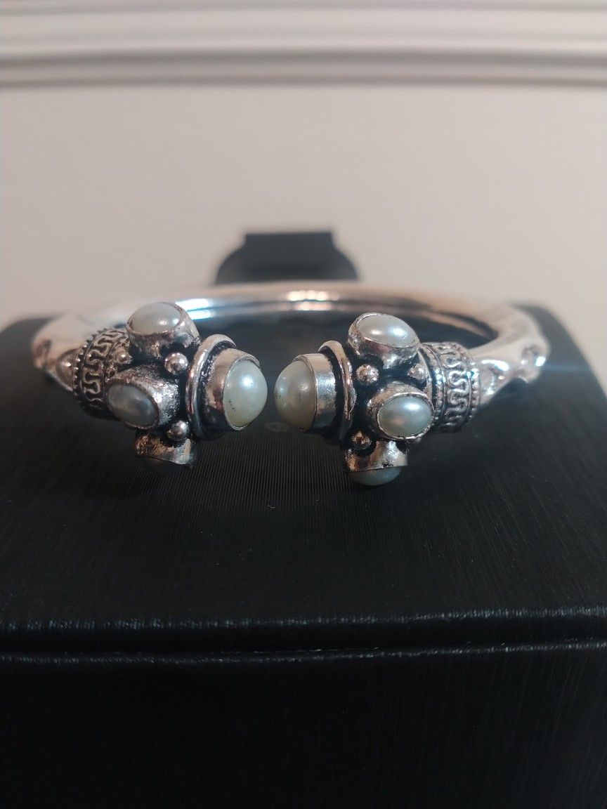 Genuine Mother Of Pearl Sterling Silver Overlay Bangle Bracelet