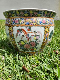 Vintage 14" Chinese Famille Rose Fish Bowl Planter - Peacock & Koi