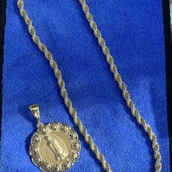 18K Gold rope necklace with double sided pendant set