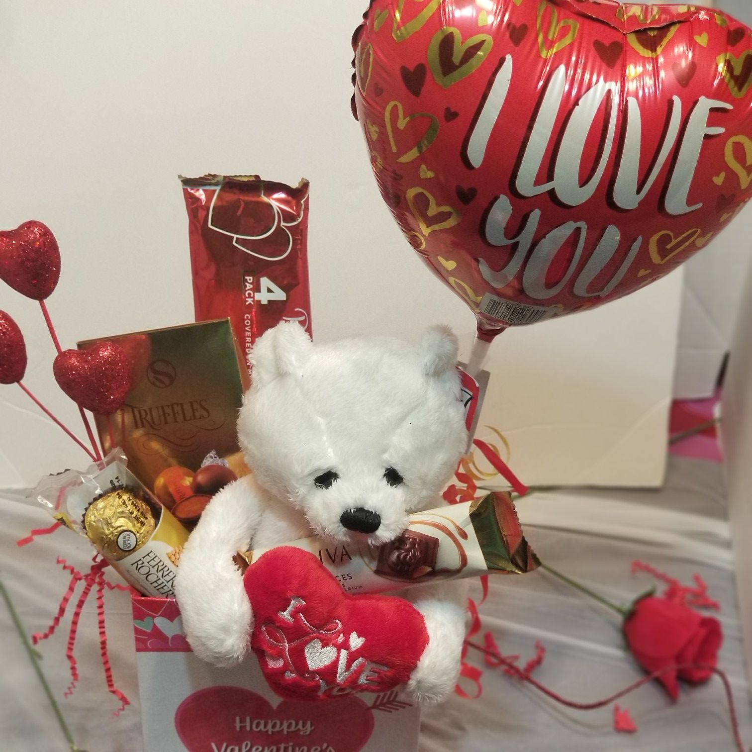Cute White Love Bear Gift Basket
