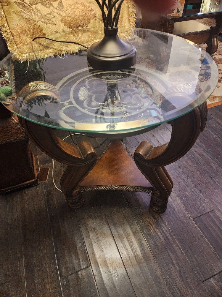 Matching Set of Glass-Top Mahogany End Tables