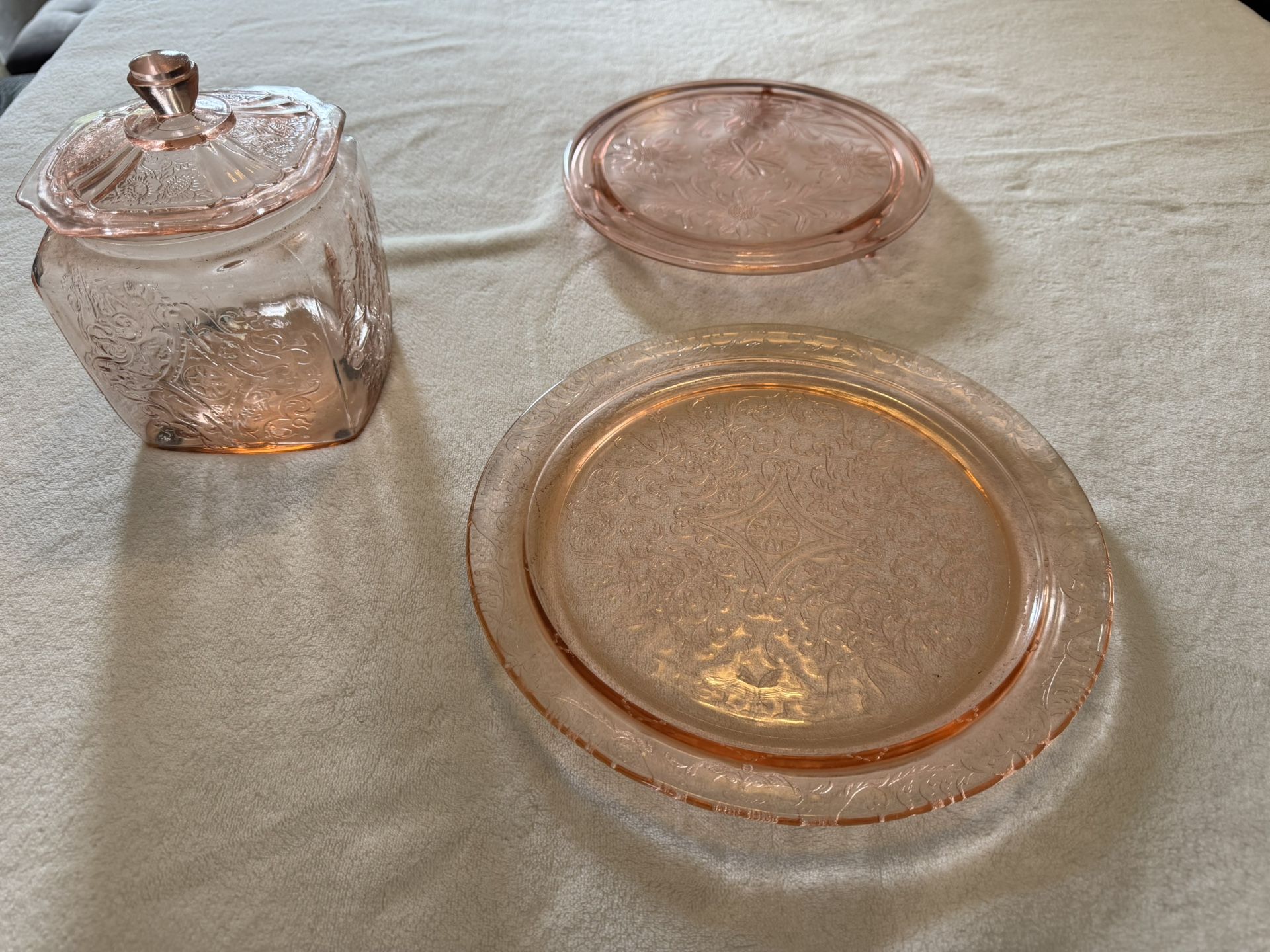 Vintage Collectible Pink Carnival Glass Jar, Cake Plate, Serving Plate