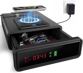 Biometric Gun Safe for Handgun with Wireless Charging, Quick Access Fingerprint Gun Safes, Bedside Pistol Case, 7/24 Digital Alarm Clock Small safe 1P