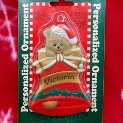 VTG 1998 Stravina Personalized VICTORIA Bell Teddy Bear Christmas Tree Ornament