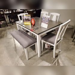 6 Pc Dining Table Set With 4 Chairs And Bench Included 