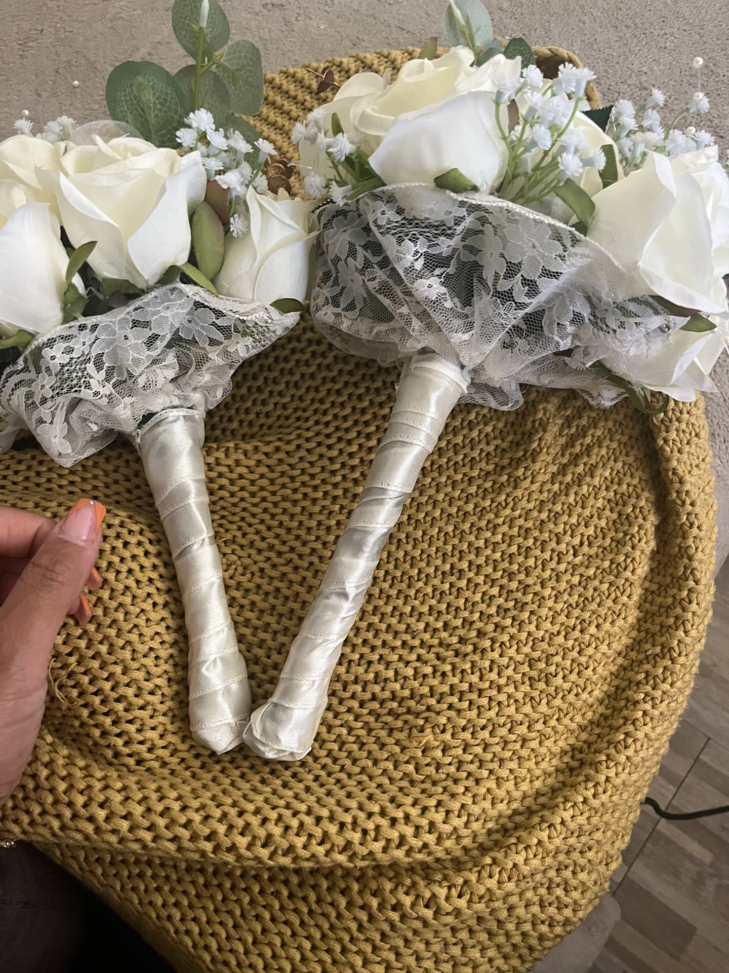 3 Handmade Bouquet Flowers For Wedding Off White Gold And White 