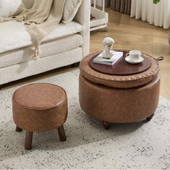 NEW-24Inch Round Storage Ottoman, Set of 2, Modern PU Leather Coffee Table with Removable Top, Upholstered Ottoman with Storage Footrest Stool for Liv