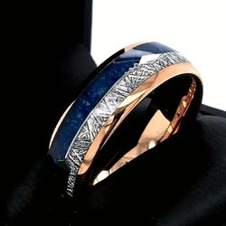 Men's 8mm Tungsten Blue Rose Gold Arrow Head Metoriote Inspired Comfort-Fit Wedding Band