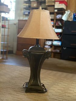 Vintage Neoclassical Dark Bronze Finish Pedestal Table Lamp Scroll Capitals Fabric Shade 23"