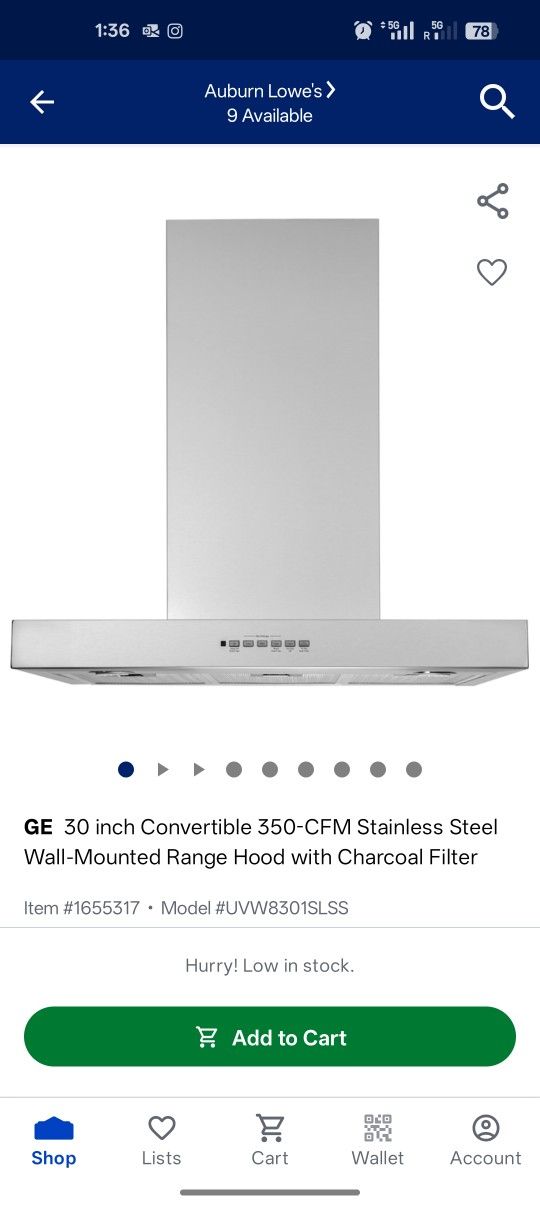 GE 30inch wall hood