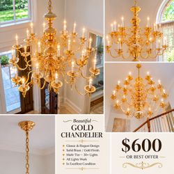 Large Vintage Brass / Gold Entryway Chandelier – 24 Light Two-Tier Fixture