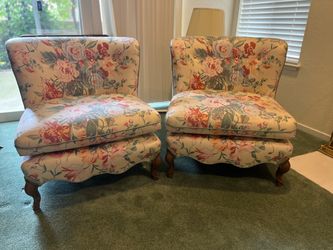 Vintage Floral Upholstered Armchairs – Matching Pair