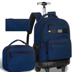 3PCS Rolling Backpack for Men, 21 Inches Travel Roller Bookbag with Wheels, Teen Boys College Wheeled Backpacks (Blue)