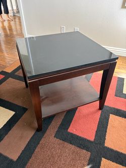 Dark Wood End Tables with Black Marble Top