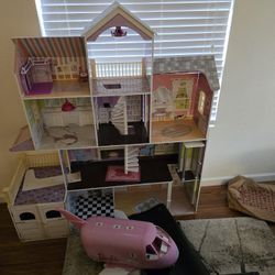 Wood Doll House With Garage And Elevator (Invcludes Barbie Plane)