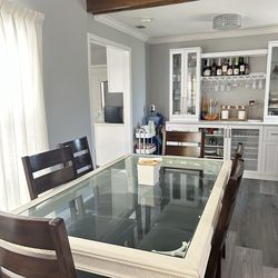 6-Seater Glass Dining Table – White Wood Frame – $600