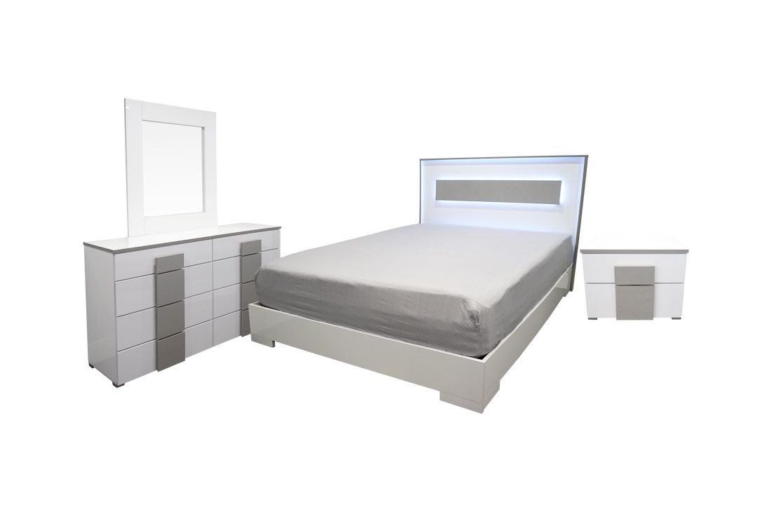Glossy White & Grey 4pc BEDROOM SET with LED light/ Juego De Cuarto Blanco Brillante Con Luz LED 🔥🔥 NEW!!!
