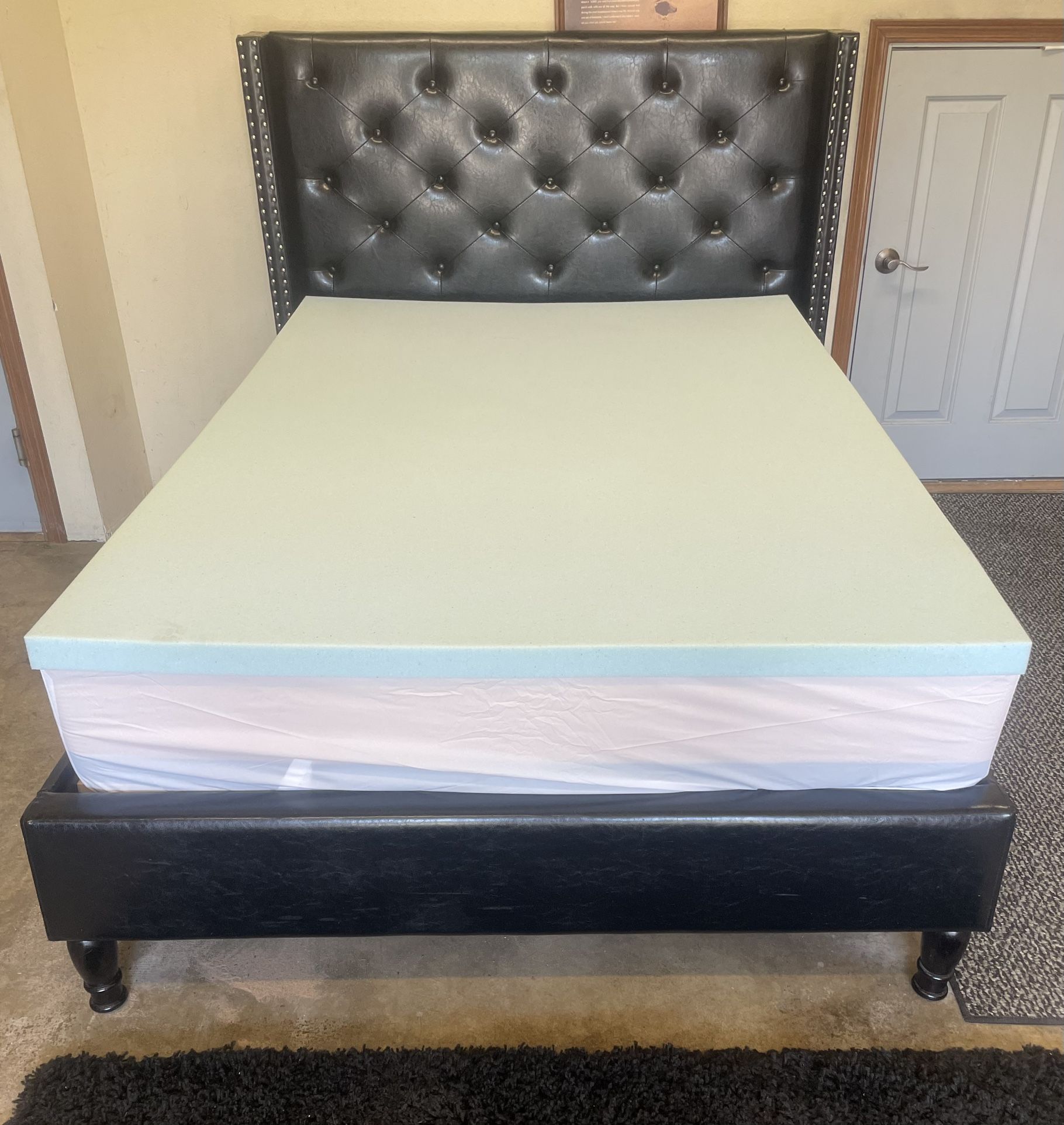 Full Size Black Faux Leather Platform Bed Frame w/ 10” Memory Foam Mattress 2” Topper*Free Delivery