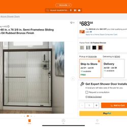New In Box. Bronze. Color Nice  DreamLine  Alliance Pro 56-60 in. x 76 3/8 in. Semi-Frameless Sliding Shower Door in Oil Rubbed Bronze Finish