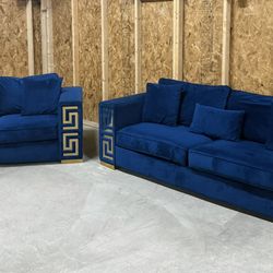 Beautiful Midnight Blue Versace Style 2 Piece Sofa & Love Seat - Delivery Available!