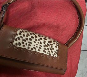 Rodo Brown Leather Handbag with Animal Print Panel