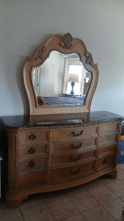 Carved Wood Bedroom Set With Marble Top