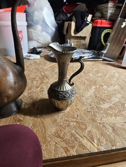 Vintage Silver Plated Ornate Vase Pitcher Tarnished Metal Farmhouse Cottage Chic